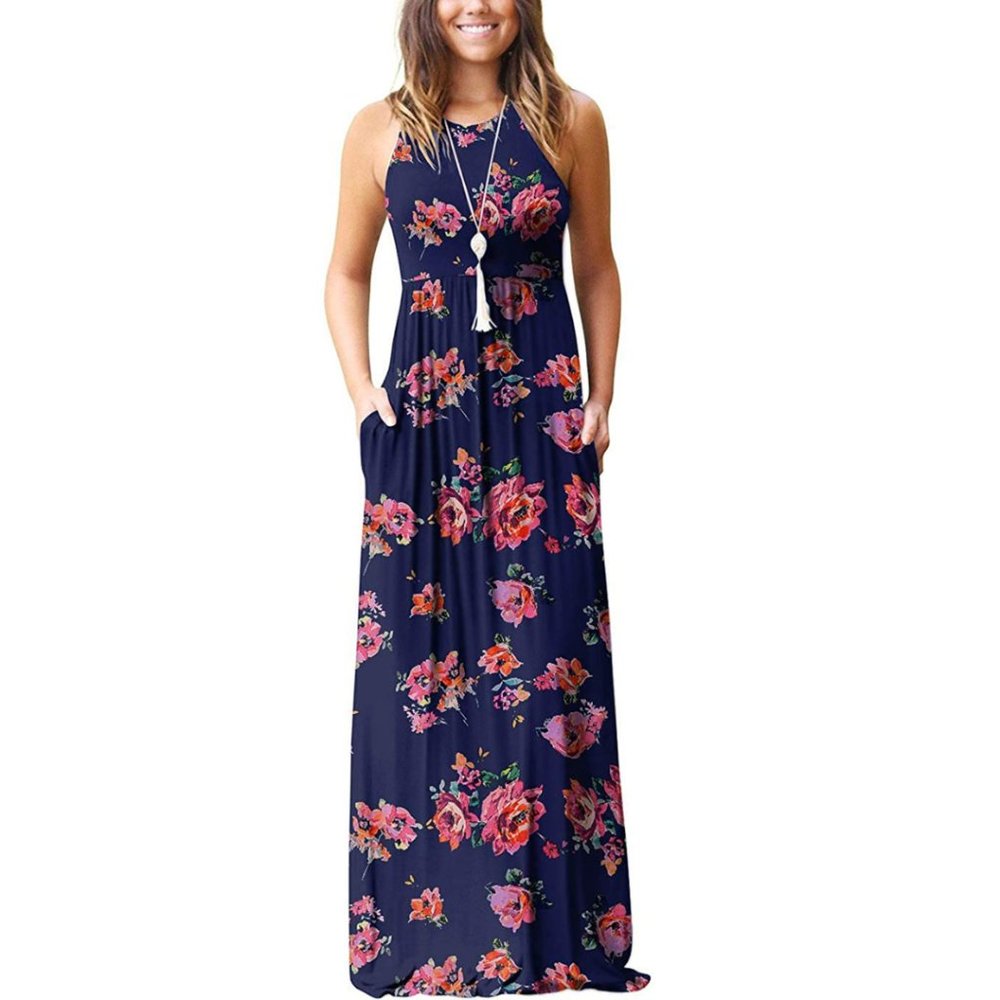 Grecerelle Women's Size S Cobalt Floral Sleeveless Racerback Maxi Dress w/Pocket